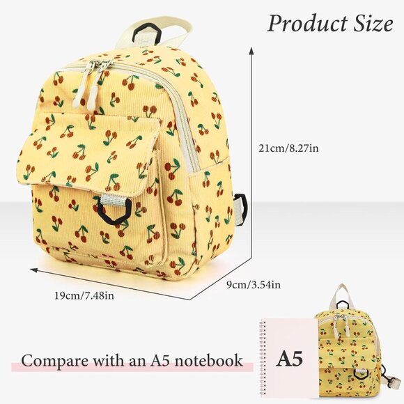 Cute Women's Corduroy Backpack - Yellow Cherry Print Daypack Ideal for Every Day - Picture 3 of 7